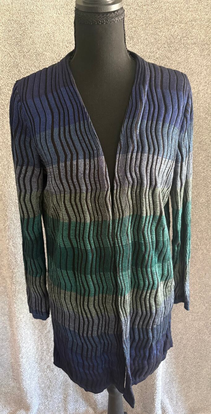 Chico’s Size 1 Striped Open Front Cardigan Blue Green